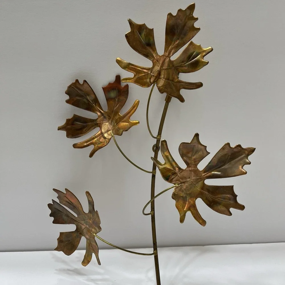 Vintage Brutalist-Style Wall Art Copper Toned Maple Leaves Metal Stem 12x15
